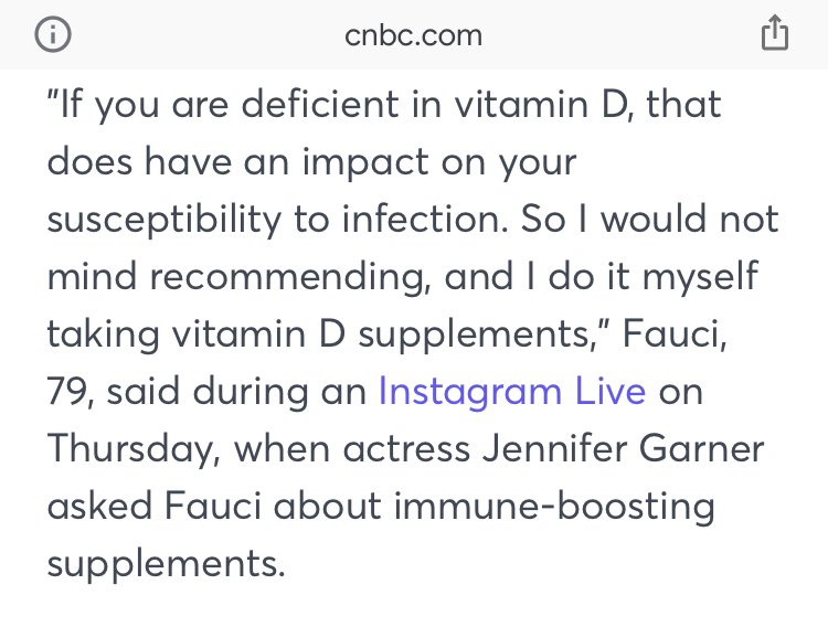 32/ In September 2020, Fauci said "if you are deficient in vitamin D, that does have an impact on your susceptibility to infection. So I would not mind recommending, and I do it myself taking vitamin D supplements.” Why dons’t he,  @CDCDirector,  @CDCgov say or tweet this weekly?