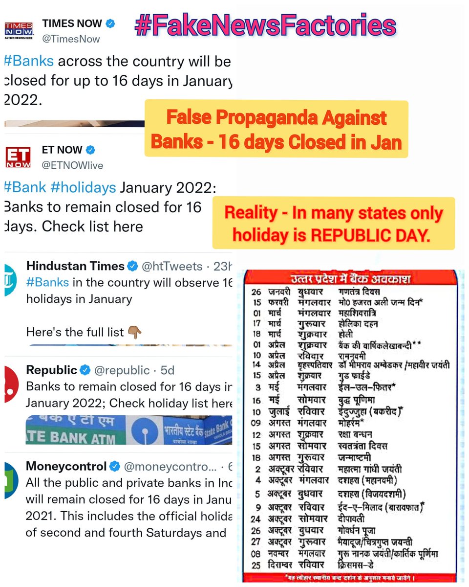 alashshukla's tweet photo. News Channel or i should say #FakeNewsFactories are out to tarnish image of banks as always.

While not a sinle state have more than 12 &amp; 12 holidays are in #TamilNadu only as thy wl be celebrating #Pongal.
 
@TimesNow @ETNOWlive @htTweets @republic @moneycontrolcom delete these. https://t.co/pSdjxOoOm3