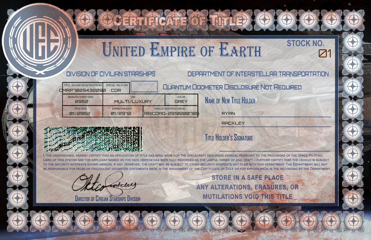 CdrRackles's tweet photo. The Registration on my new luxury cruise ship. Ryan Rackley aka Commander Rackley aka CDRPeezy. #StarCitizen #Spaceshipsarecool #Space #ShipLegit #twitch We got one for every Vehicle and Ship we own in the Verse https://t.co/mCGT8nHeuQ