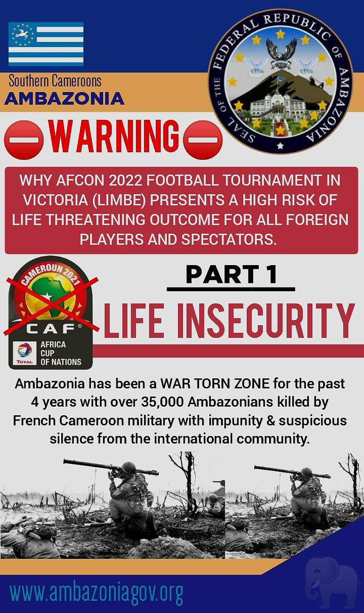 pabiedu1's tweet photo. ⛔️Countdown day 7 to #AFCON2021 in #Ambazonia.
No ⚽️in #SouthernCameroons due to Imminent  ⚠️ &amp; more #Genocide likely
@InfantinoGianni @VicMontagliani @CAFCLCC @CAF_Media 
@CAF_Online
@WatfordFC @TotalEnergies 
@SMane_Officiel @MoSalah  @SSBMagi @en_sscnapoli https://t.co/LcA9WpmIFC