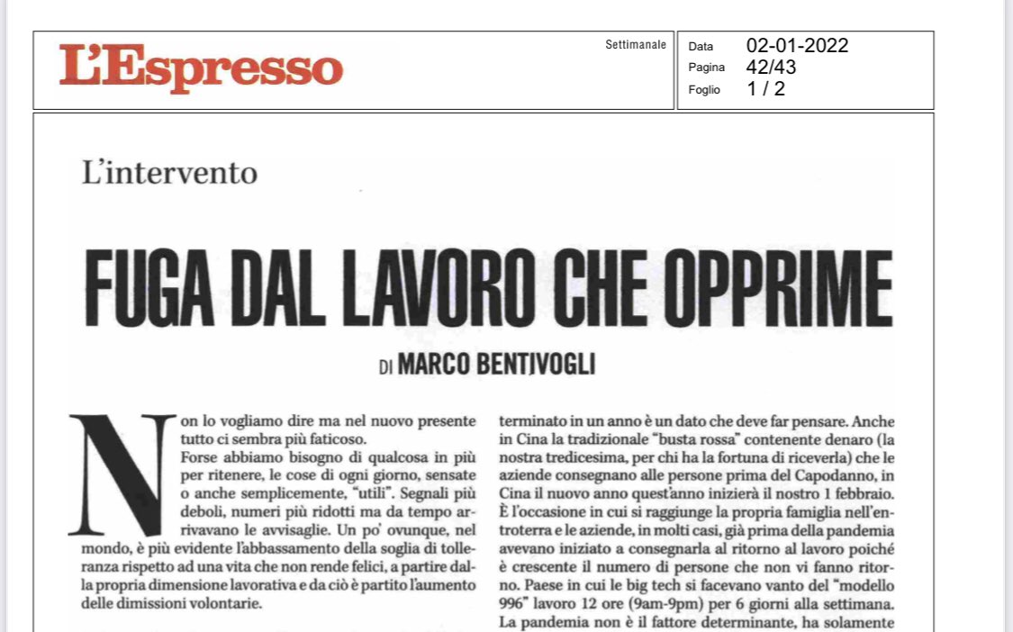🗞 Su <a href="/espressonline/">L'Espresso</a> l’analisi di Marco #Bentivogli ✍️ ‘Fuga dal lavoro che opprime’. Il fenomeno de #legrandidimissioni volontarie è sempre più reale in Italia come in #Usa e #Cina.Il miglior luogo di lavoro è quello che garantisce una formazione di qualità.
Tutti i dati qui 👇🏻