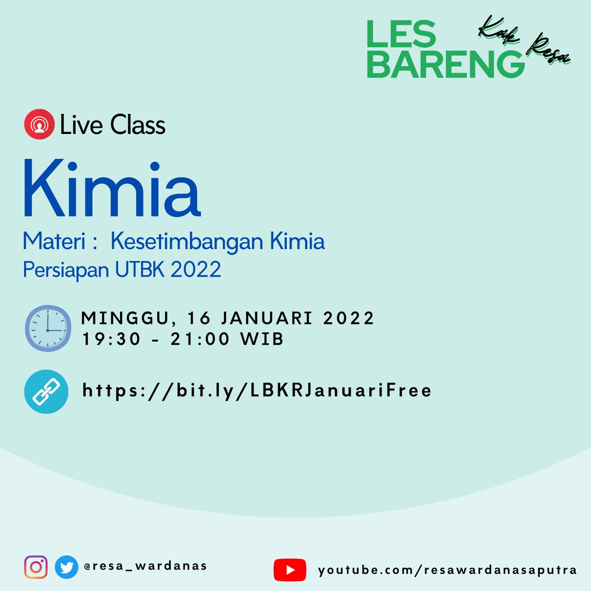 resa_wardanas's tweet photo. [Les Bareng Kak Resa | Edisi Free Bulan Januari 2022]

Nah menyambut persiapan SBMPTN/UTBK 2022, aku adain kelas nih buat teman-teman, ada 3 sesi materi Kimia nih yang dapat kalian ikuti dan FREE!

WAJIB Share ya! Bakal ada materi dan latihan soal-soal relevan dengan UTBK! https://t.co/B5o6y8kG6Q