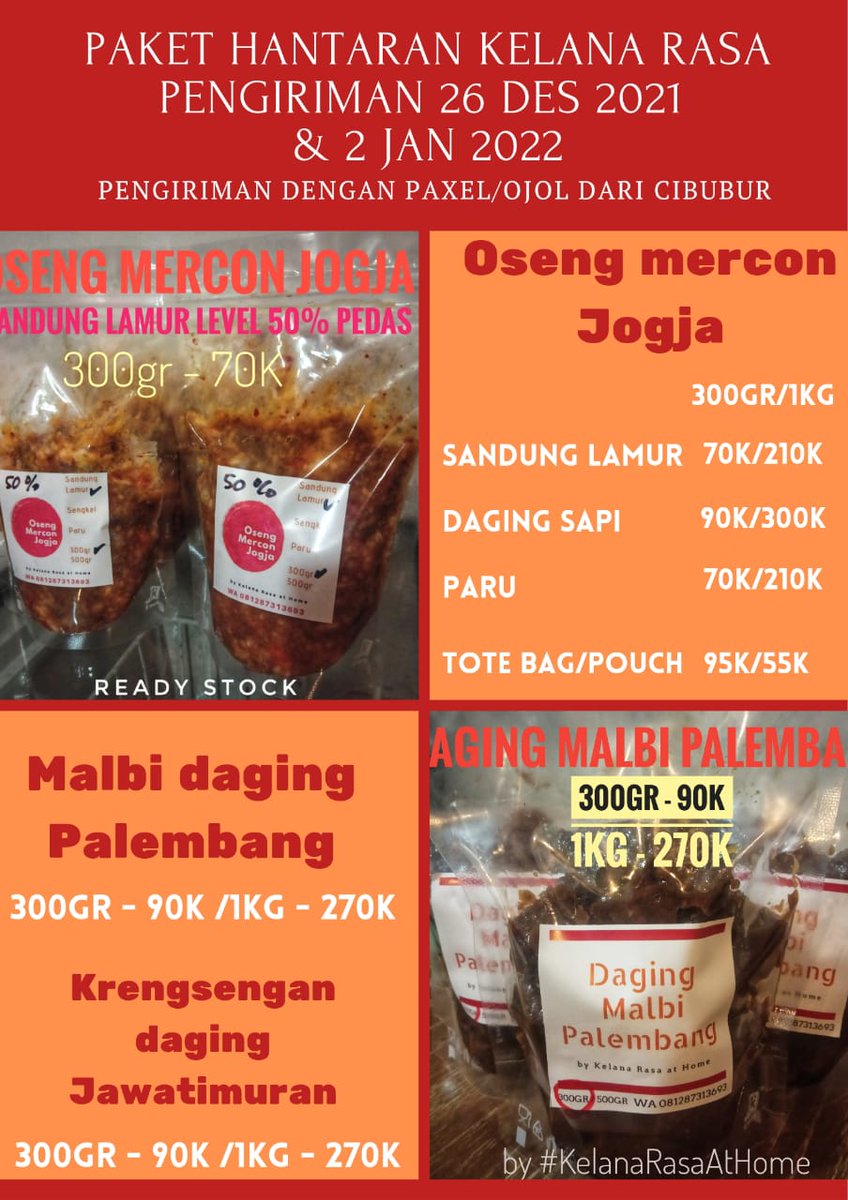 arieparikesit's tweet photo. Avail #OsCon oseng mercon daging, 90K - 300g

#Halal #SelfClaimed

Supplier daging: Toko daging Nusantara
Supplier bumbu: Bu Pendi Perangin-Angin Pasar Griya Bukit Jaya 
Supplier kemasan: K-Pack Food Grade, PE07, FR.

Supplier sekil koki: Allah SWT penciptaku dan penolongku🙏 https://t.co/dmaVWBXilW