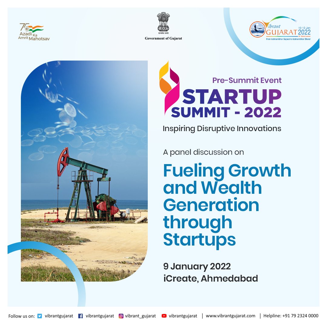 India's top Angel Investors will discuss 'Fuelling Growth &amp; Wealth Generation through Startups' at #VGGS2022 pre-summit 'Startups: Inspiring Disruptive Innovations' on 9th January,at iCreate campus, Ahmedabad
<a href="/PMOIndia/">PMO India</a>  <a href="/CMOGuj/">CMO Gujarat</a> <a href="/PiyushGoyal/">Piyush Goyal</a> @MLAJagdish <a href="/siddarthpaim/">Siddarth Pai</a> <a href="/shantimohan/">Shanti Mohan</a>