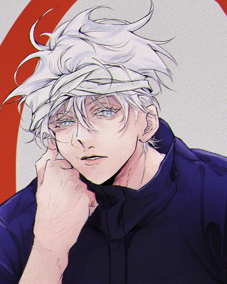 gojou satoru 1boy solo male focus white hair short hair blue eyes hair between eyes  illustration images