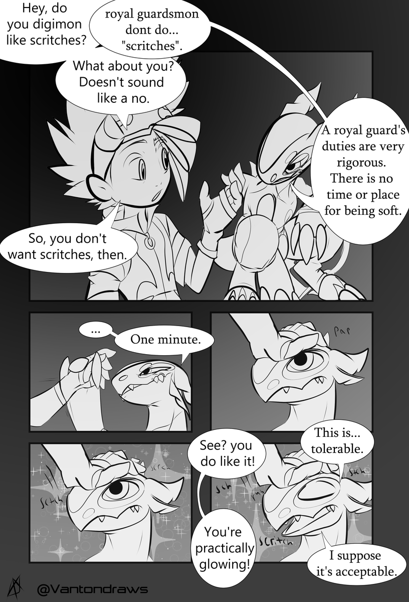 VantonDraws's tweet photo. Kentai (Sentaimon) discusses the merits of head pats with partner Sheathmon.just a little self indulgent comic for my #digimonoc pair. I wanted to have this done by the end of #digicember, but at least I got it done now. I may dabble in more comics if ppl are interested. #digimon https://t.co/8RkXlB3Mps