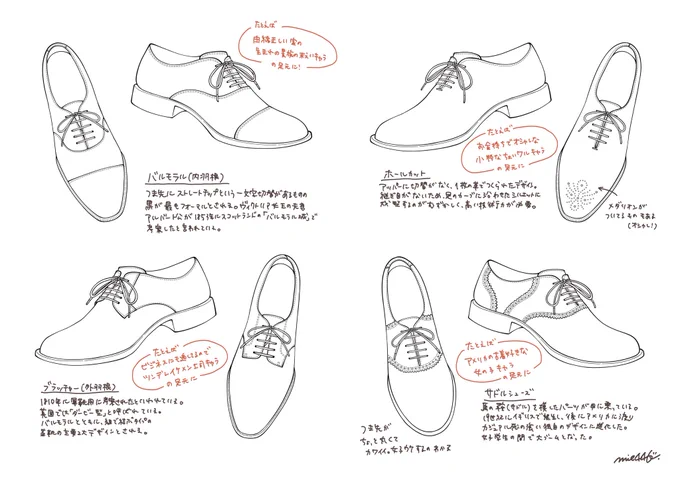 いろんな革靴①靴の歴史や特徴、マナー的な部分も盛り込んで、「このキャラはどんな靴を履くだろうか…」って考える時の参考にしてもらえたらと思ってます( ᐛ )و#靴の描き方tips 