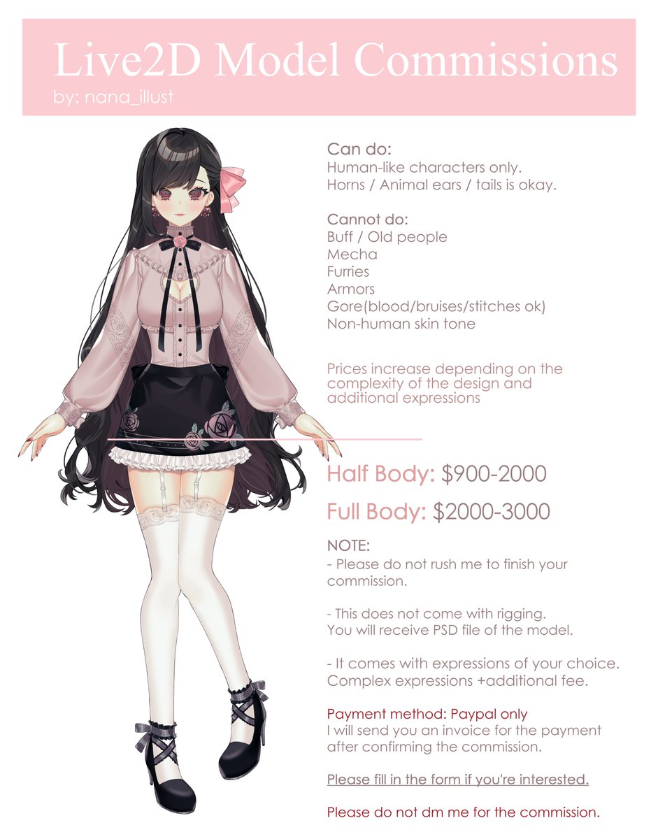 nana_illust's tweet photo. [RTs appreciated!]

Hi I'm still open for Vtuber model commissions!
Taking 2 slots right now and then I will be closing indefinitely.

Will start working on them this year 2022! PLEASE READ MY RULES carefully before inquiring.

For inquiries: https://t.co/MgqaUja6E2 https://t.co/4EXPbfiKlI