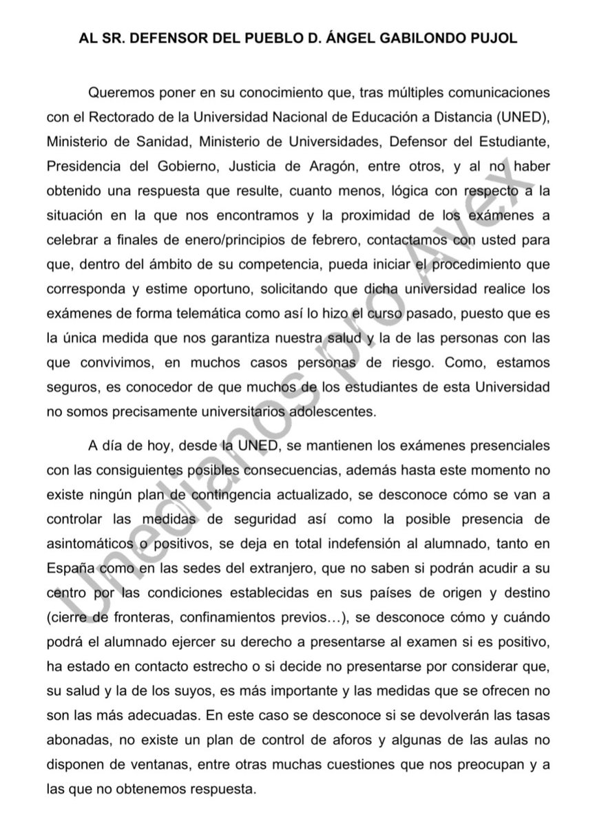 🔴 Escrito remitido al <a href="/DefensorPuebloE/">Defensor del Pueblo</a>.
Los estudiantes de la <a href="/UNED/">UNED</a> pensamos que se están vulnerando nuestros derechos. Por encima de cualquier normativa debería estar la protección de nuestra salud y la de los nuestros.
#LaUNEDNoSeAdaptaATi
#UNEDpasaDeLaPandemia 
#FelizDomingo