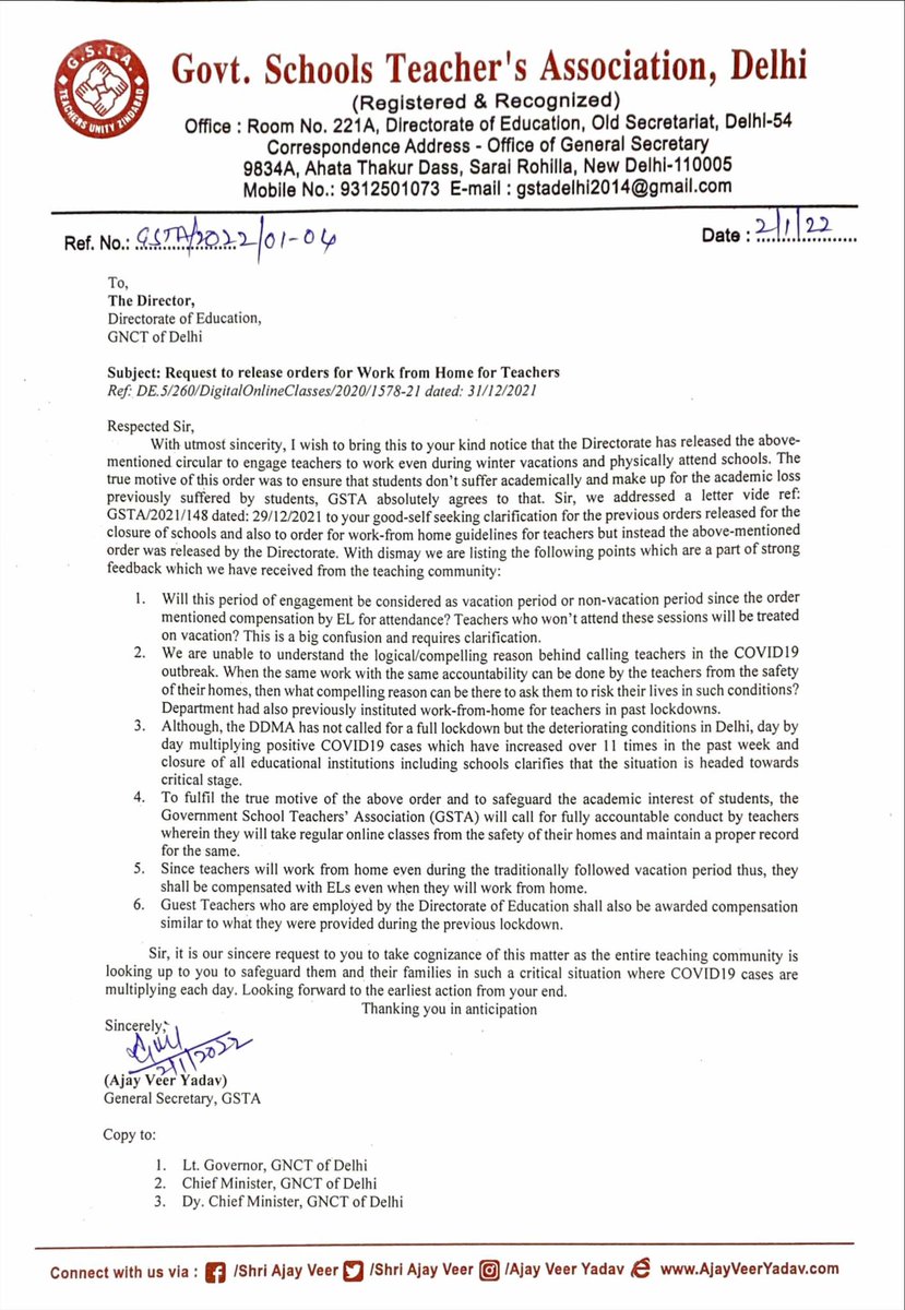 .<a href="/Dir_Education/">DIRECTORATE OF EDUCATION Delhi</a> <a href="/ArvindKejriwal/">Arvind Kejriwal</a> <a href="/msisodia/">Manish Sisodia</a> <a href="/LtGovDelhi/">LG Delhi</a> <a href="/Minister_Edu/">Education Minister</a> <a href="/gupta_iitdelhi/">Himanshu Gupta</a> Sir calling teachers to school during vacation in absence of students in a situation where COVID cases are multiplying everyday is not appropriate. We hv attchd letter seeking action from your end