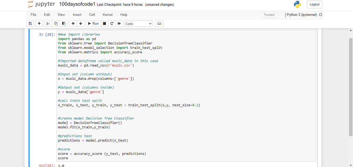 MoLa_data's tweet photo. Day 7 of #100daysofcode
I added predictions test and score.
#Python #opensource #DataScience #machinelearning https://t.co/eYgbQnAHI6