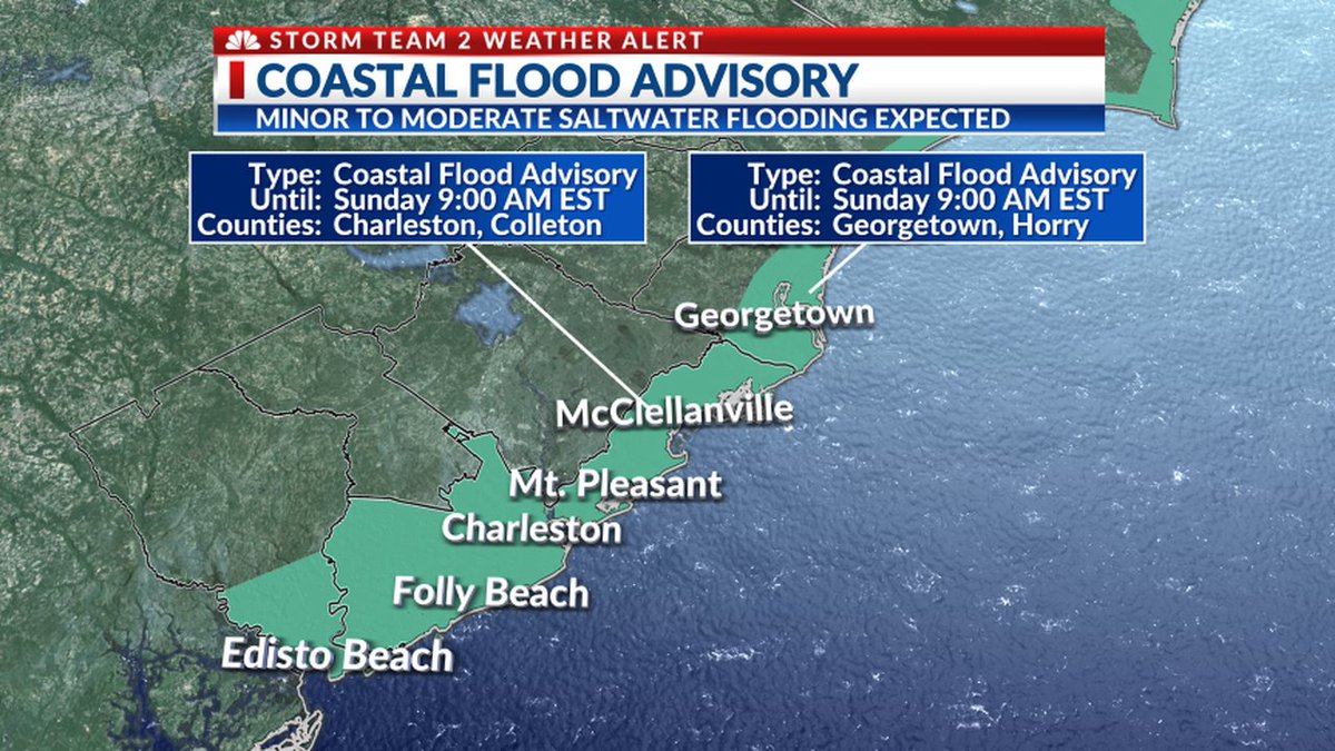WEATHER ALERT: A Coastal Flood Advisory has been issued. Prepare for minor to moderate saltwater flooding. Some flooded streets, flooded property, and a few closures are expected near tidal waterways and in Downtown Charleston. #chswx #scwx