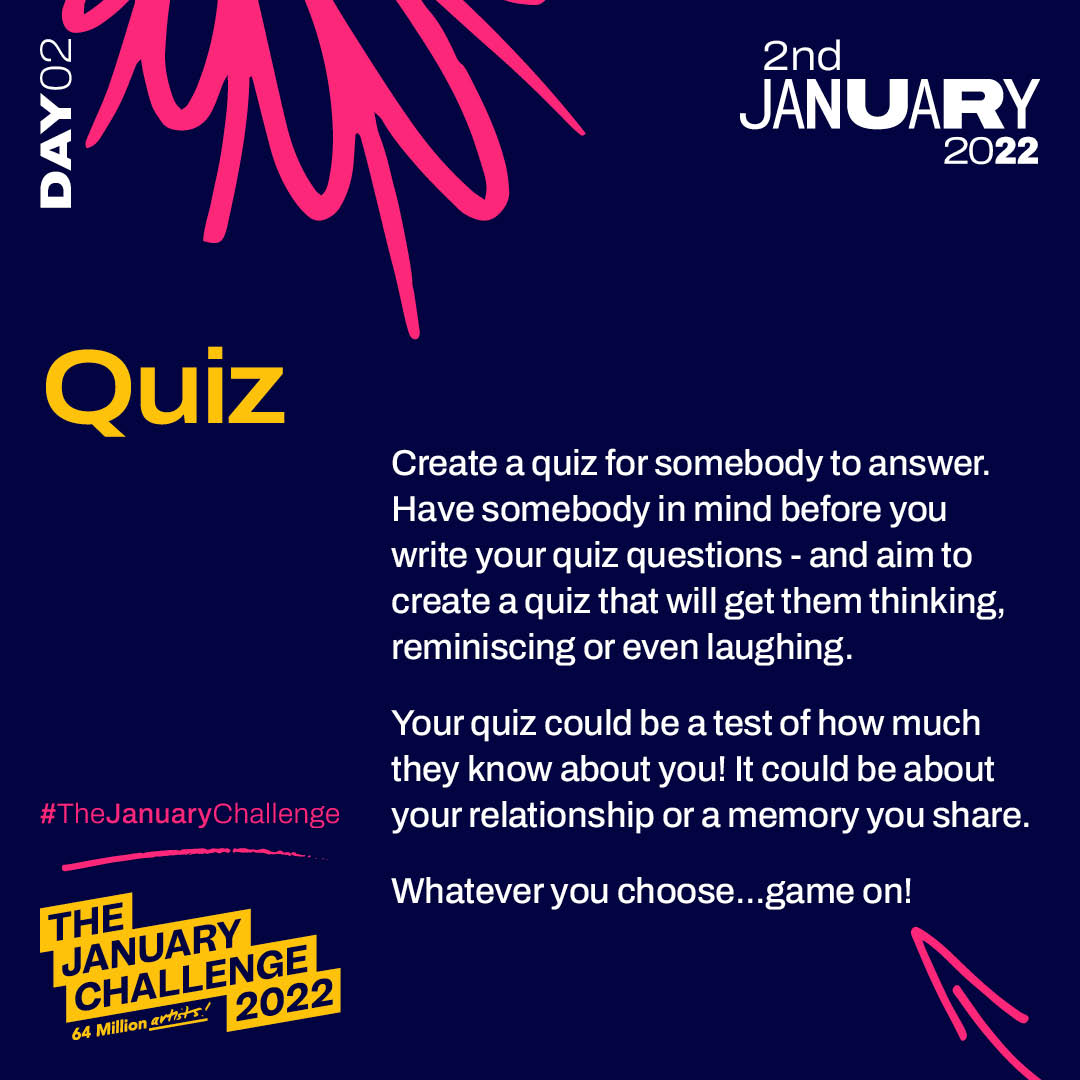 64M_Artists's tweet photo. 🔗 Day two of We Are Connected! 🔗

Create a quiz for somebody to answer. Have somebody in mind before you write your questions - and aim to create a quiz that will get them thinking, reminiscing or even laughing. 

Share your quiz with #TheJanuaryChallenge https://t.co/HADyqBtlHs