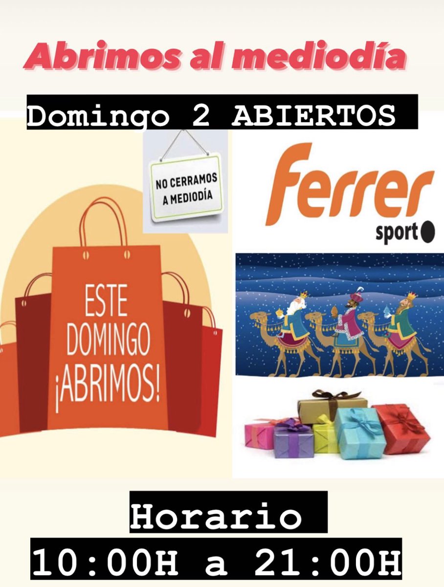 Os esperamos este domingo en <a href="/FerrerSport/">Ferrer Sport</a> con horario normal de 10:00H a 21:00H no cerramos a la hora de comer . Ven a por los mejores #regalosreyes deportivos #logroño #La Rioja