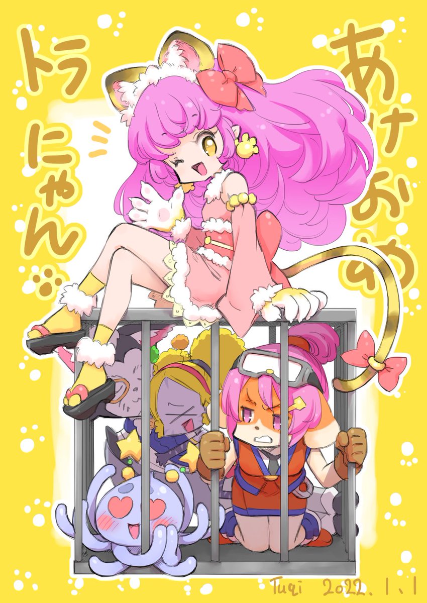multiple girls animal ears bow goggles pink hair gloves one eye closed  illustration images