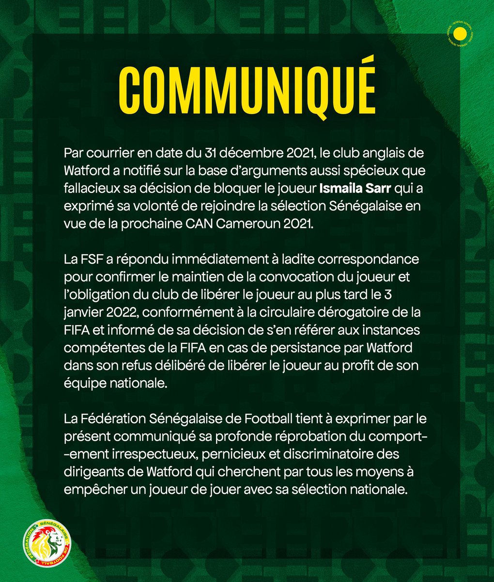 Footballogue's tweet photo. [#CAN2021🏆] Le Sénégal 🇸🇳 dénonce Watford qui refuse de libérer Ismaïla Sarr pour la CAN. 👊

(📸 @Fsfofficielle) https://t.co/FmsOYDlW5B