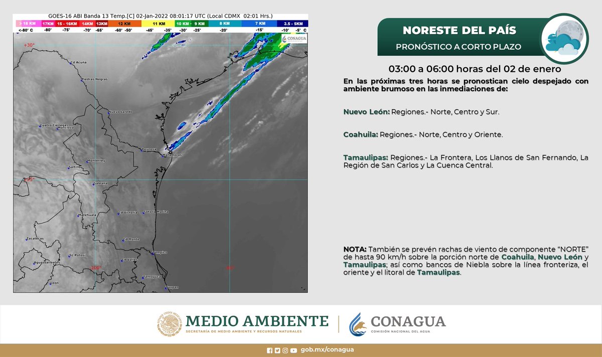 conagua_clima's tweet photo. En las próximas tres horas se prevén condiciones de cielo despejado y ambiente brumoso, además de intensas #Rachas de #Viento de hasta 90 km/h en #Coahuila, #NuevoLeón y #Tamaulipas. https://t.co/NSxE6cIZkg