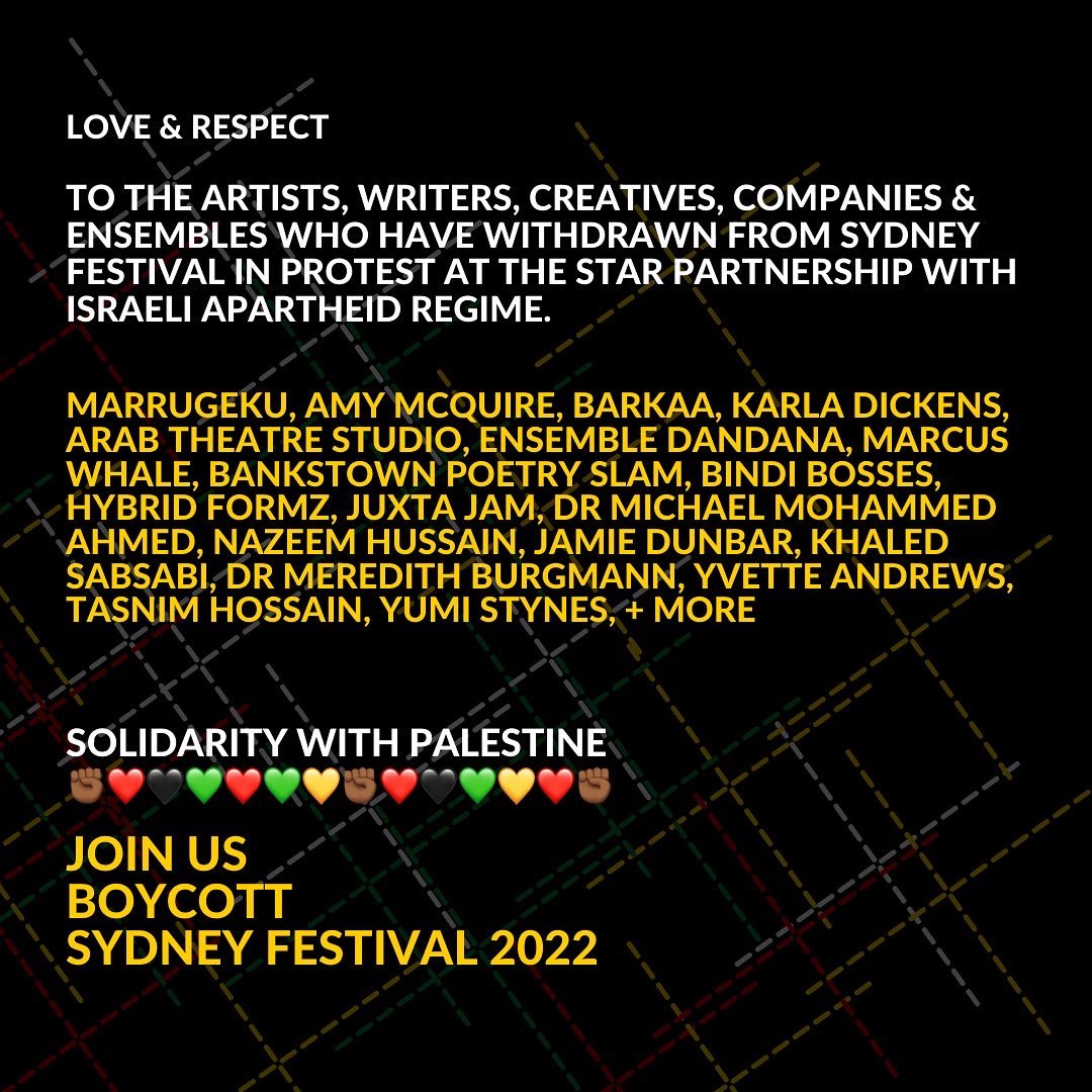 ArabiStudio's tweet photo. @sydney_festival has refused artist calls to divest its Star Partnership with the Israeli Embassy and end all relations with the apartheid state. 
As artists we will not be silent.  #boycottsydfest #sydneyfestival https://t.co/4oL17jfupE