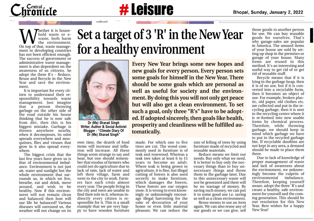 MissSharadSingh's tweet image. You can read this article in my Blog
sharadclimatediary.blogspot.com/2022/01/articl…
In my Facebook
m.facebook.com/story.php?stor…
MP Chronicle, 02.01.2021
#ClimateCahnge  #MyClimateDiary
#KnowYourClimate
#KnowYourEnvironment
#unclimatechange
#ClimateCrisis #thinkaboutit  #talkaboutit #Reduce #Reuse #Recycle