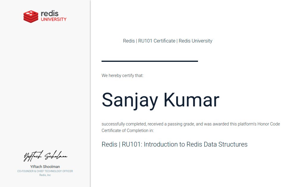 sanjaykumarwebs's tweet photo. I am glad to share that I have successfully completed my 6 weeks course "RU101 Certificate" from Redis University and got 83% marks in final examinations.
Thank you so much Redis University for providing this certification!
#redisu #datastructure #dbms #sanjaykumarwebs #India https://t.co/qVbEOlRunZ