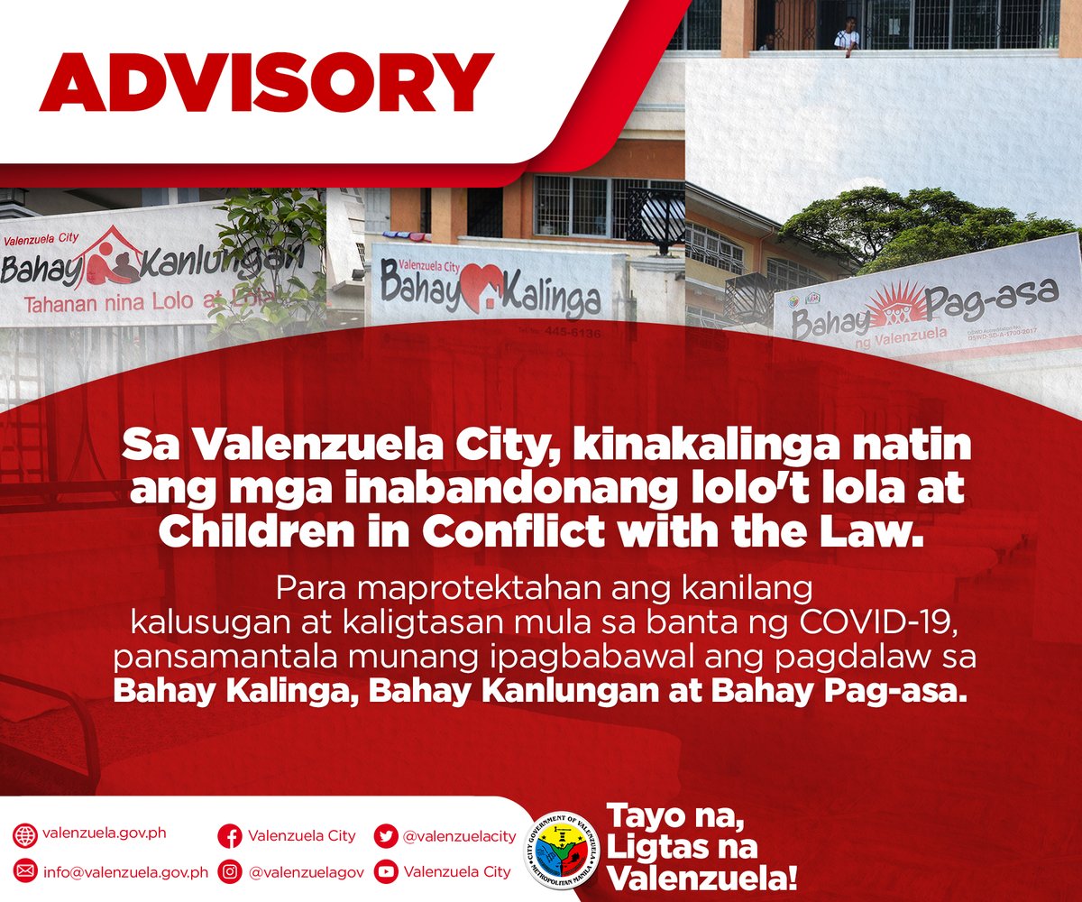 valenzuelacity's tweet photo. Simula bukas, Enero 3, 2022, ipagbabawal muna muli ang pagdalaw sa Bahay Kalinga, Bahay Pag-asa at Bahay Kanlungan para maprotektahan sa banta ng COVID-19 ang mga inabandonang lolo't lola at Children in Conflict with the Law. https://t.co/IsjhCCbQ84