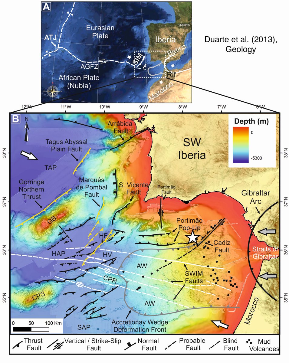 JoaoCDuarte's tweet photo. The M4.5 earthquake that occurred yesterday south of Faro was located in an area where a number of important faults were mapped: the NE-SW Cádiz fault and the E-W Banco de Portimão south fault. #earthquakes https://t.co/IgRtr48eY3