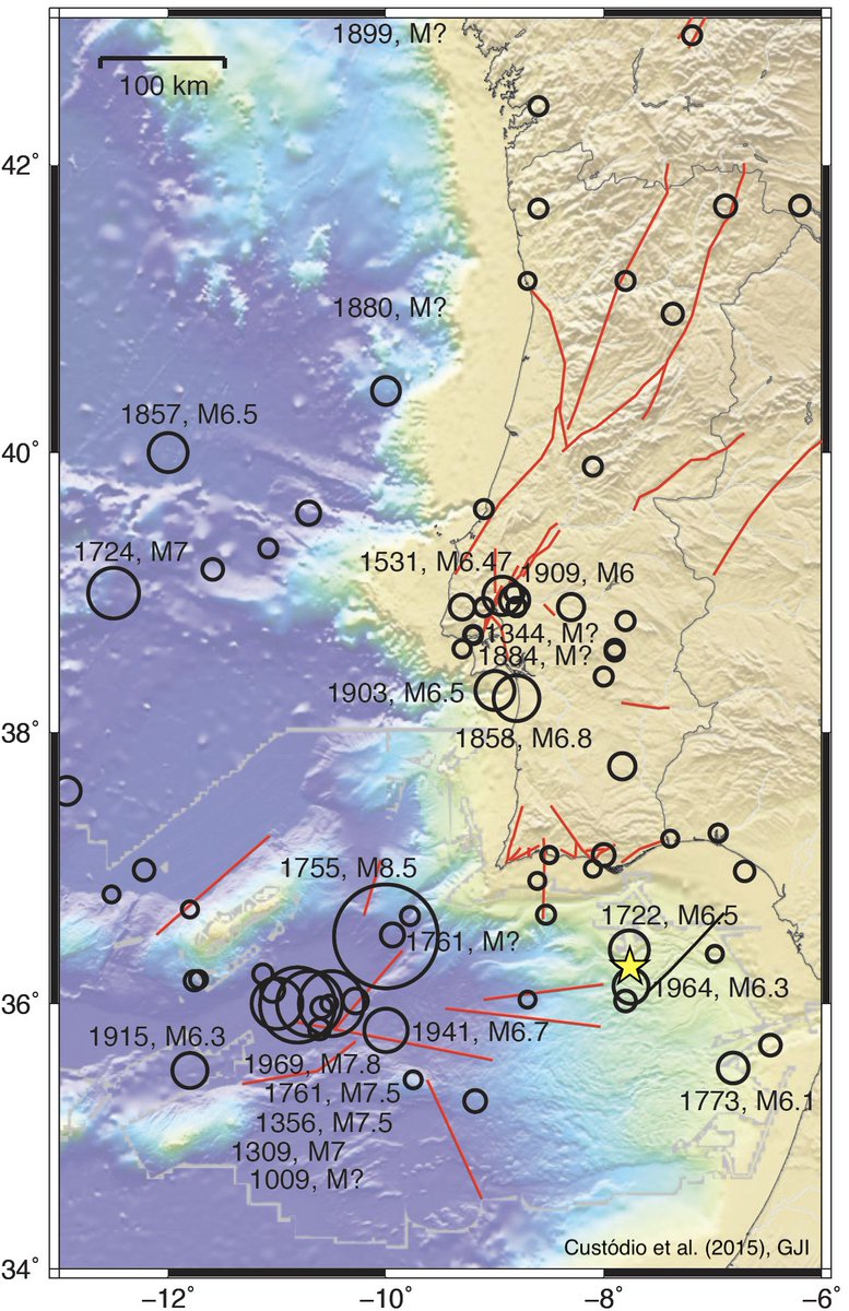 JoaoCDuarte's tweet photo. The M4.5 earthquake that occurred yesterday south of Faro was located in an area where a number of important faults were mapped: the NE-SW Cádiz fault and the E-W Banco de Portimão south fault. #earthquakes https://t.co/IgRtr48eY3