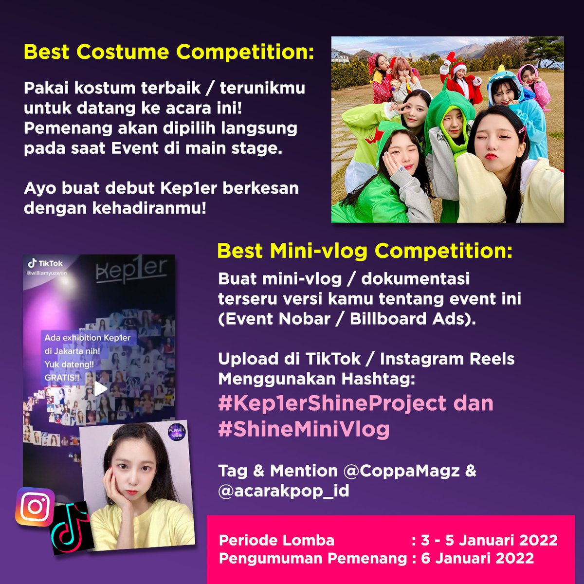acarakpop_id's tweet photo. [GIVEAWAY ALBUM DEBUT Kep1er!]

Dapatkan album kep1er dengan cara mengikuti dua kegiatan ini:
- Best Costume Competition
- Best Mini-vlog Competition
- Games on the spot (di event nobar)

(rules ada di poster yaaa!)
#Kep1erShineProject #Kep1erDebut #KEP1ERisCOMING #Kep1er https://t.co/Cu5paEhYO9