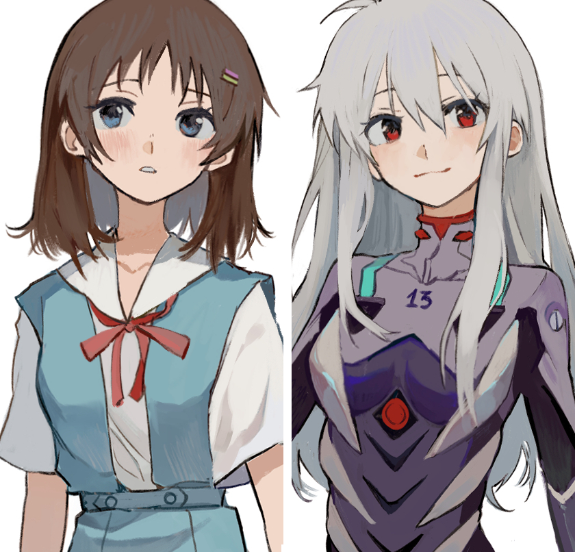 nagisa kaworu multiple girls 2girls genderswap (mtf) genderswap red eyes brown hair white background  illustration images