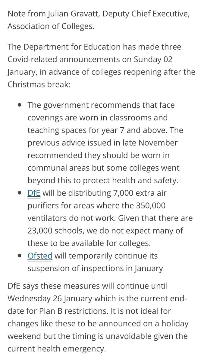 Government has today issued new guidance for colleges and schools in advance of reopening after the Christmas break, including recommendations on mask wearing. <a href="/JulianGravatt/">Julian Gravatt</a> has put together a short note here: aoc.co.uk/news/january-2…