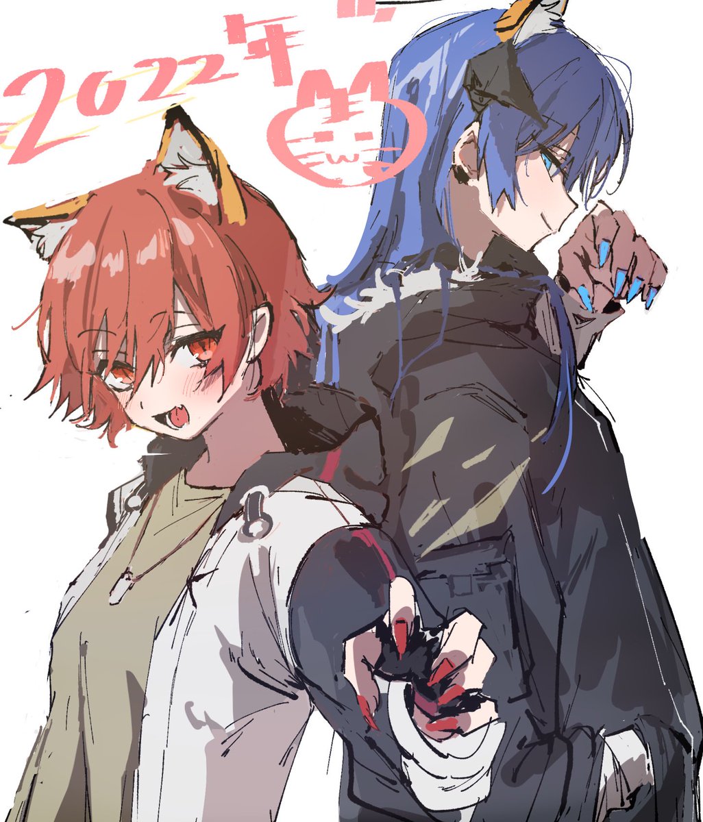 exusiai (arknights) ,mostima (arknights) multiple girls 2girls animal ears halo blue hair claw pose jacket  illustration images