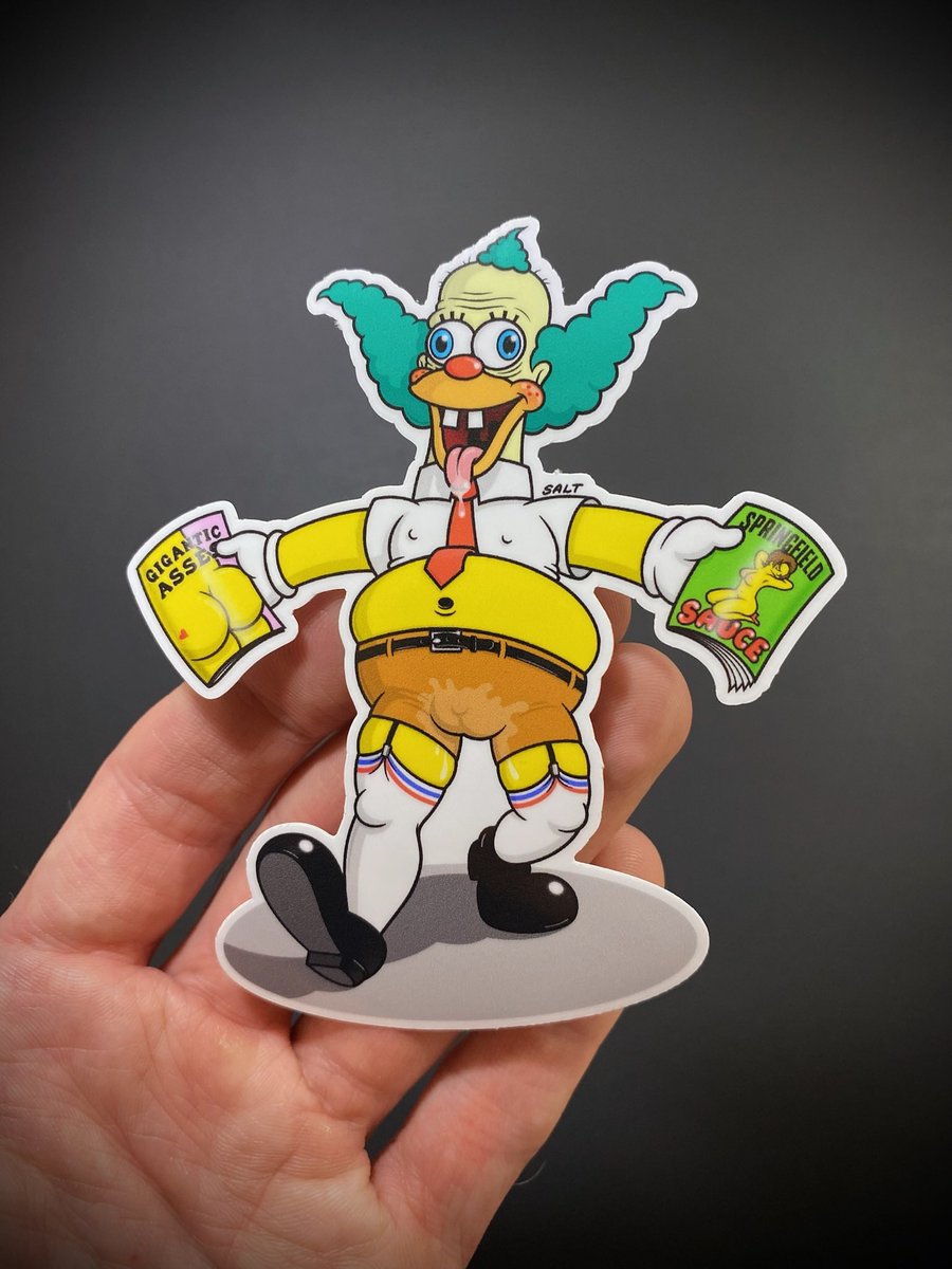 weirdbysalt's tweet photo. Title: Krusty Jizz-Pants
Design by: @weirdbysalt
Made by: @stickerwizard
Material: Weatherproof White Glossy Vinyl
Size: Approx 10cm (4”)

#nsfw #adultstickers #krusty #simpsons #spongebob #mashup https://t.co/37EN2s2Fua