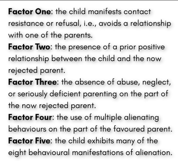 PAcumbria's tweet photo. The Five-Factor Model List ⬇️

Factor 3 - The Absence of Abuse, Neglect, or Seriously Deficient Parenting on the Part of the Rejected Parent.

#ParentalAlienation #FiveFactor https://t.co/EdrdURtnz2