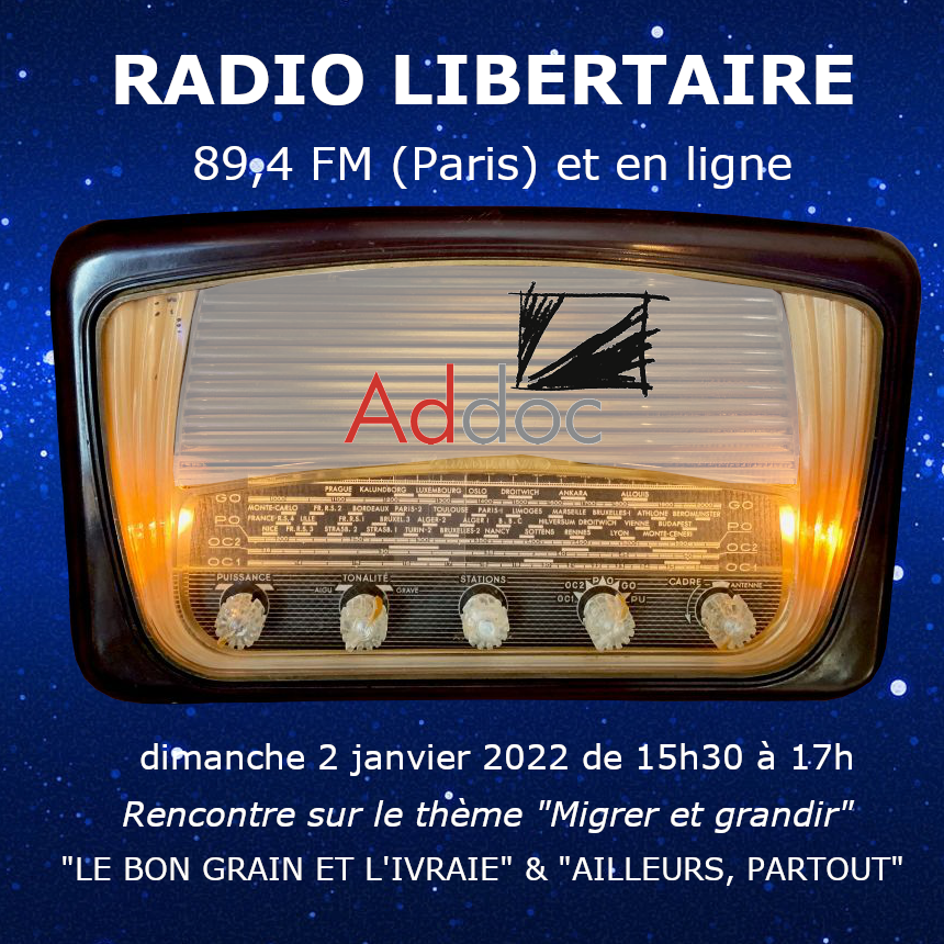Nous serons à 15h30 sur #radiolibertaire avec Manuela Frésil, Vivianne Perelmuter et #ADDOC pour parler de nos 2 films : "Le Bon Grain et l'Ivraie" et "Ailleurs, Partout". 89,4 FM (Paris) ou radio-libertaire.org