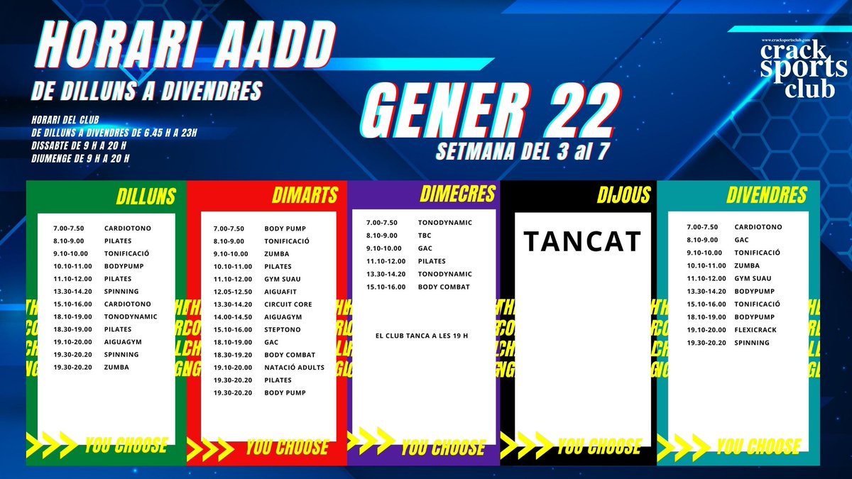 Bon any CRACKS!
Com ha anat la celebració? Molts excessos?
Doncs ara toca bondat i exercici. Per això us deixem els horaris de les activitats dirigides d'aquesta setmana.

#CrackSportsClub #Esport #Fitness #Piscina #Pàdel #Horari #AADD  #Granollers #VallèsOriental