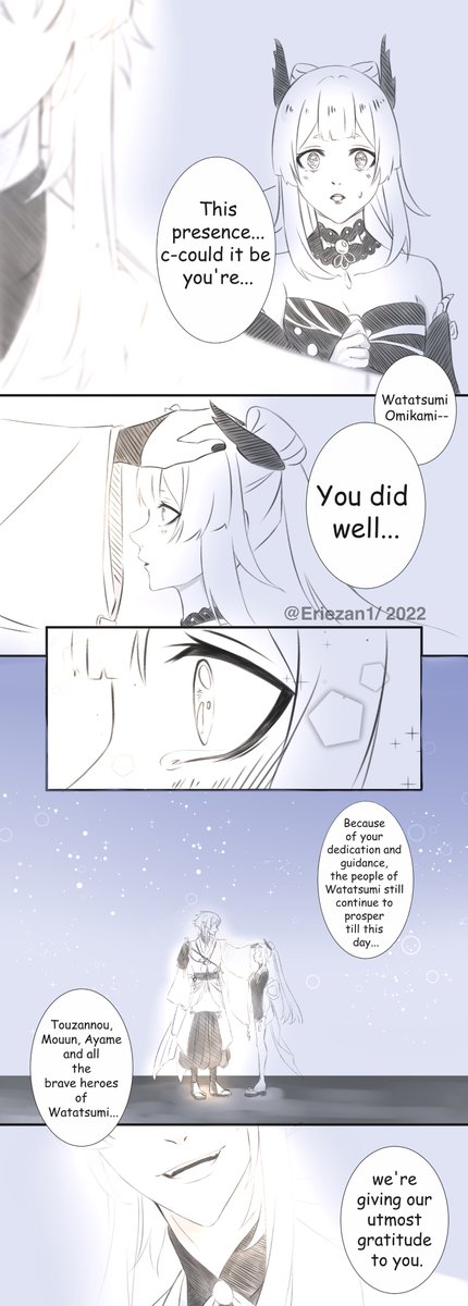After reading the Watatsumi Lore a random brain rot appeared:
Orobashi appeared in Kokomi's dream just to say how proud and grateful they are to her for what she did for the people of Watatsumi.
#GenshinImpact