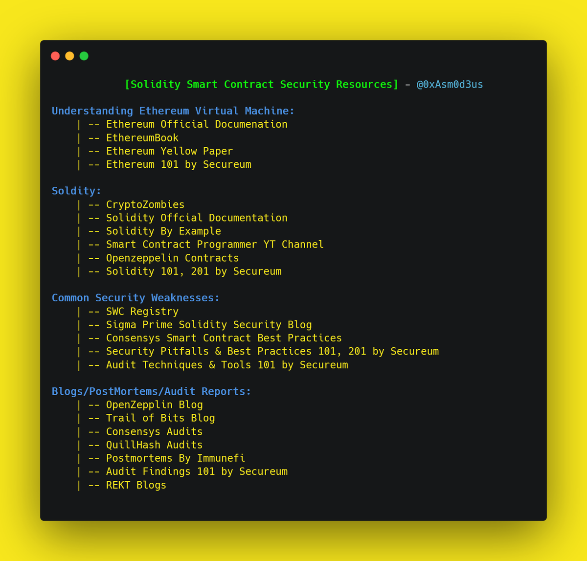 0xAsm0d3us's tweet photo. Some of my favorite Solidity Smart Contract Security resources 💚

#ethereum #blockchain #solidity #smartcontracts https://t.co/G2lPTUGgLG