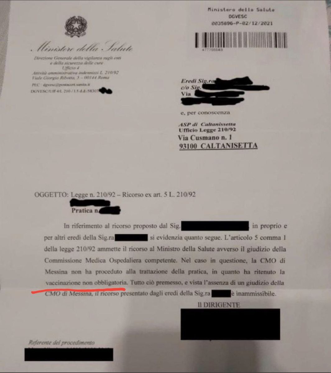 ulises37's tweet photo. 🇮🇹 Italia: Tras una mμerte comprobada por aμtopsia, por vacu cobi, los herederos solicitan indemnización por daños, como exige la ley 210/92 y la respuesta del ministerio es la siguiente: solicitud no aceptada porque la vacu NO ES OBLIGATORIA.
¿Entiendes el concepto?... https://t.co/GWwLLoBQfp