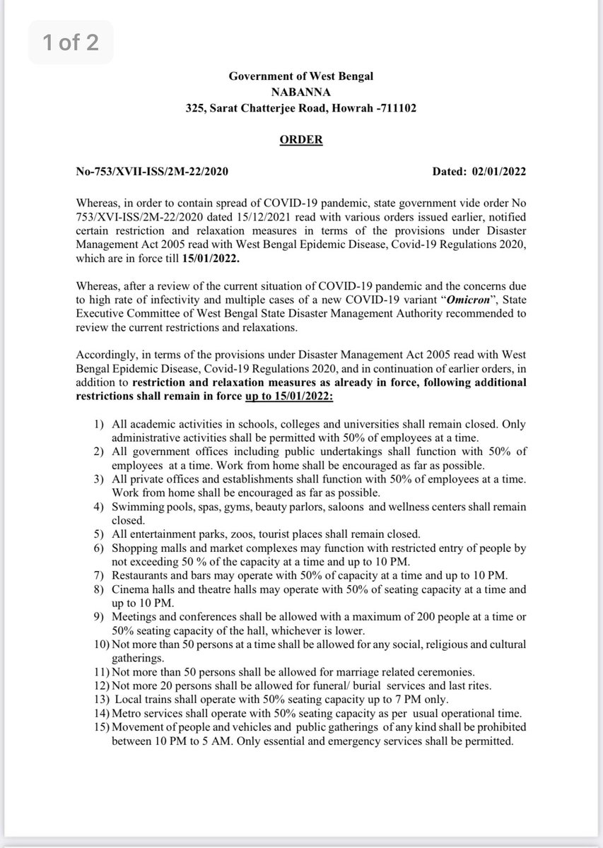 pooja_news's tweet photo. #WestBengal govt extends additional #Covid restrictions till Jan 15, 2022. 

Restrictions mentioned below: https://t.co/XSy9m5TODC