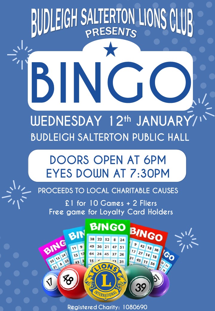 #Budleigh #Lions #Bingo! Wednesday 12th January, doors open at 6pm, eyes down 7.30pm, refreshments and raffle, you can donate to <a href="/BudleighLions/">Budleigh Salterton Lions Club (CIO)</a> at  justgiving.com/thelionsclubof…
Thank you! #WeServe <a href="/sentfromdevon/">#sentfromdevon</a> <a href="/TeaTittleTattle/">Tea & Tittle Tattle</a> 
<a href="/EastDevonNews/">East Devon News.co.uk</a>