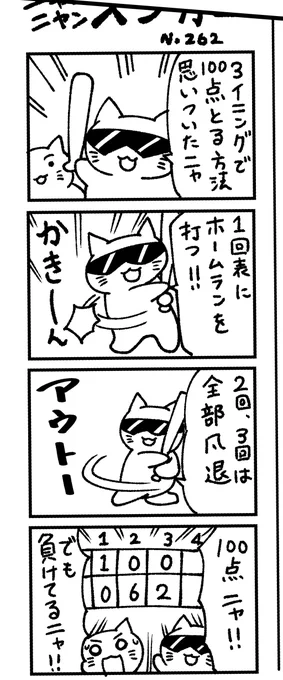 第3話でルリコが読んでいた新聞に載っている4コママンガです。意外と好評だったこのマンガのタイトルは『ニャンニャンスラッガー』です。
#ボールパークでつかまえて 