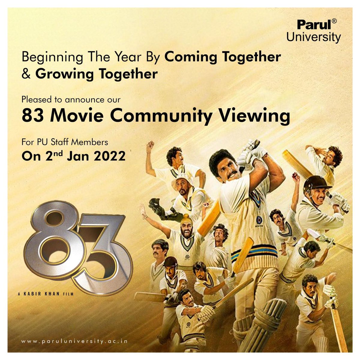 hemal2512's tweet photo. #Parul University
Community viewing of 83 Movie for all PU staff members.
The movie 83 made us learn the values of self-belief, selflessness, self-worth and self-motivation while working together as a team.
#ParulUniversity #communityviewing #83TheFilm #KapilDev https://t.co/CgyUZGRjuB