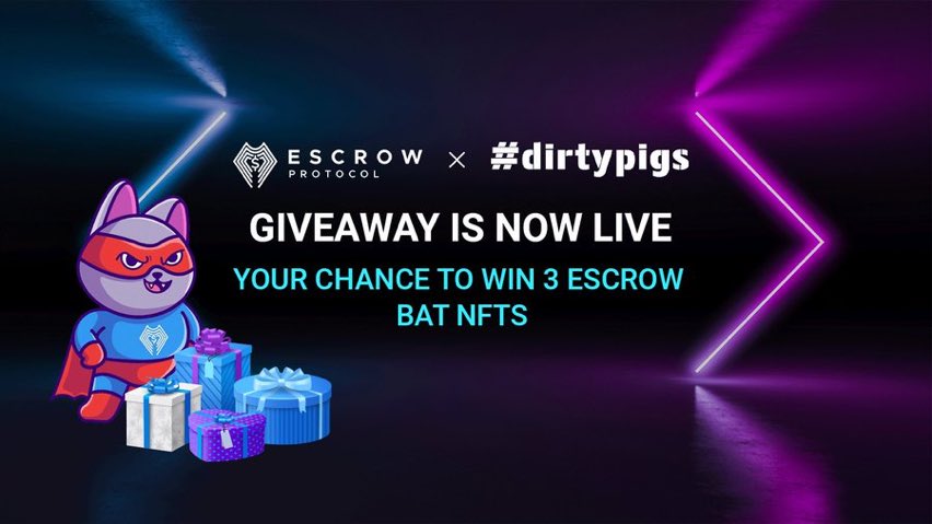 nioosol's tweet photo. Have you participated yet? 🤔
Your chance to WIN 3 Escrow Bat NFTs! #GIVEAWAY 🎁
Enter now 👉 https://t.co/FcK3xtKdB8
Complete all steps:
✅ Follow @EscrowProtocol & @dirtypigs_io on Twitter
✅ Join: https://t.co/5bUwV8TJaS
✅ Retweet: https://t.co/9tMRFinJdk
#NFTGiveaway https://t.co/riiwJlscx4