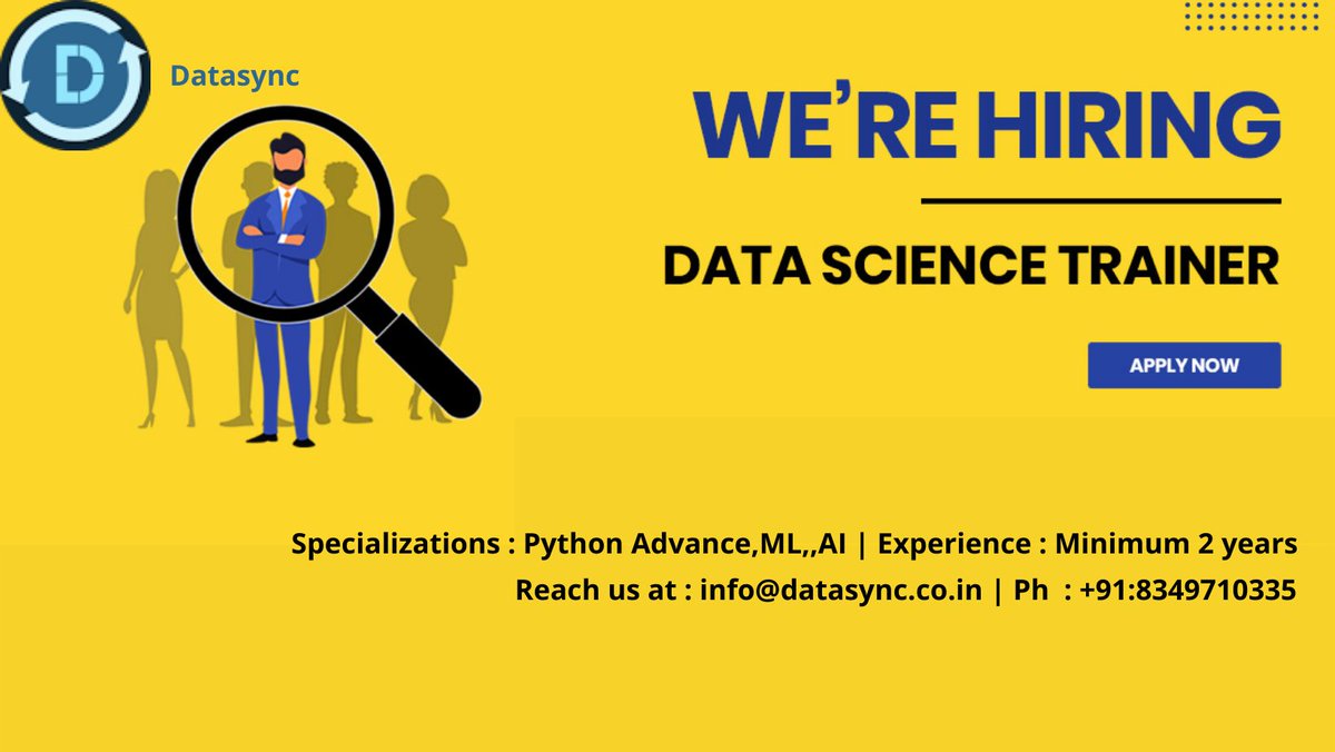 datasynclabs's tweet image. We're Hiring Data Science Trainer
Specialized : Python Adv. ,ML , AI
Mode of Training : Online
Experience : 2 years mini.
Reach us at : info@datasync.co.in
Ph : 08349710335
#datasciencewithpython #datasciencetrainer #advancepython