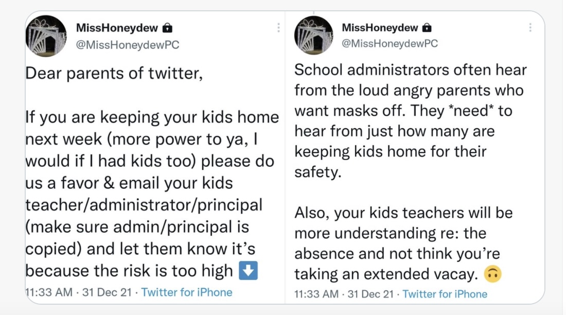 trekkerteach12's tweet photo. Our schools are not safe during this unprecedented surge of a highly-transmissible variant.
Parents: if keeping your kids home, please email your admin, supt, & school board explaining why & advocating for temporary #RemoteJanuary & improved safety protocols.
#SickOut2SaveLives https://t.co/996PgnsKV4