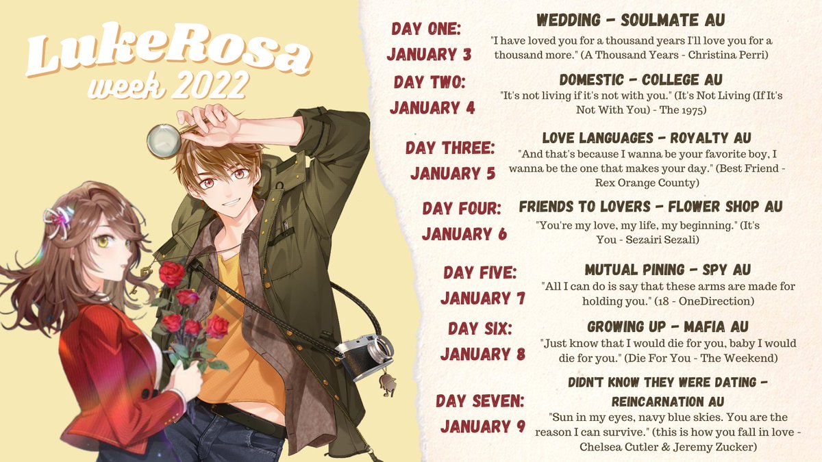 LukeRosaWeek's tweet photo. IT'S TIME EVERYONE! 🗝️🌹

It's finally #LukeRosaWeek! 

Here are the prompts! Make sure to tag us and use the hashtag! https://t.co/a3czQz1DC0