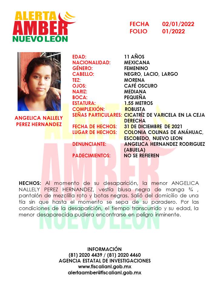 FiscaliaNL's tweet photo. Se activa Alerta Amber para localizar a la menor Angélica Nallely Pérez Hernández de 11 años de edad. Por favor comparte.
#AlertaAmber https://t.co/3ZGSTNV49c