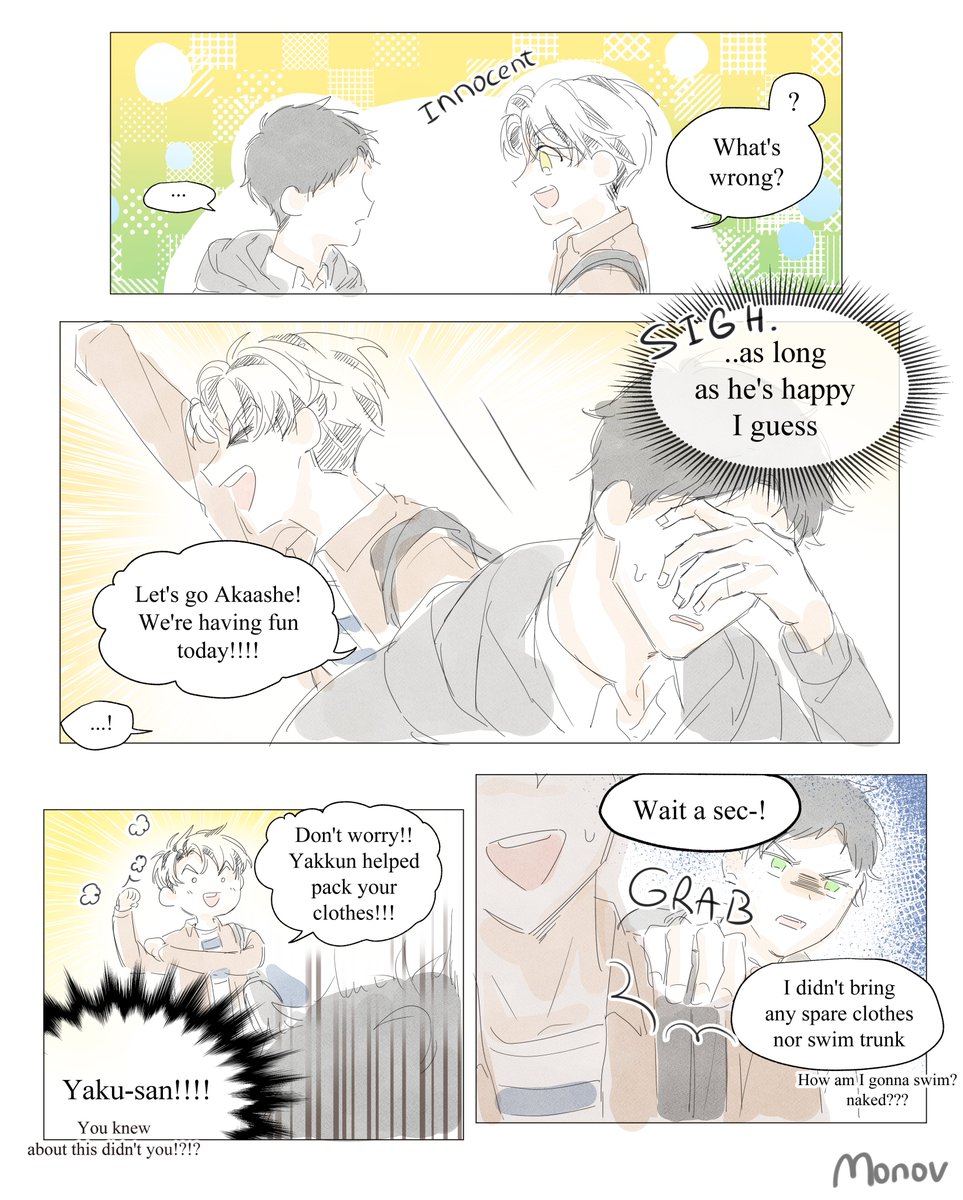 Chapter 27! #bokuaka
1 day late :'D

anyway, heads up, art style change! it took longer time to do lineart but the drawing is much more clear

*ahem* beach episode is good and romantic, totally not because i want to put my practice of drawing abs into use *ahem*
(1/3) 