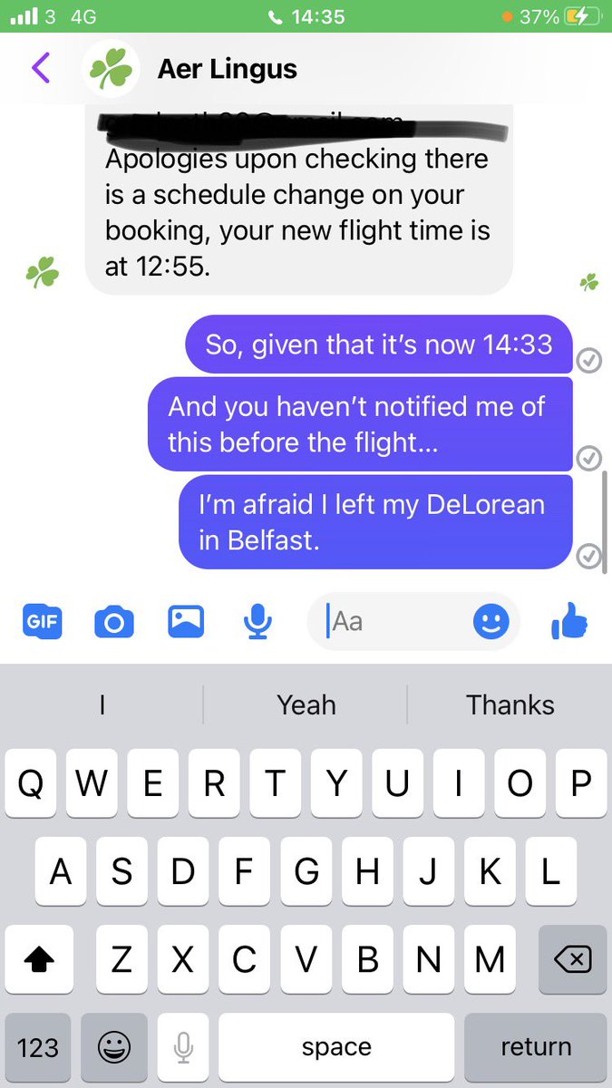 GaryRedpath's tweet photo. @AerLingus just had the most absurd chat with your customer service department with no real resolution - can you supply a DeLorean or what do you recommend? https://t.co/rULBm6030X
