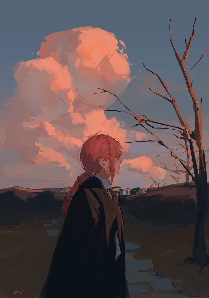 makima (chainsaw man) 1girl solo braid sky outdoors braided ponytail red hair  illustration images